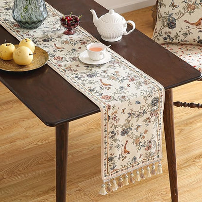 ISAENNE Designer Linen Table Runner 87 Inches Long,Elegant Floral Bird Pattern Table Runners for Dining Room,Farmhouse Rustic Kitchen Decor,Thanksgiving,Christmas,12"*87"-Cornucopia