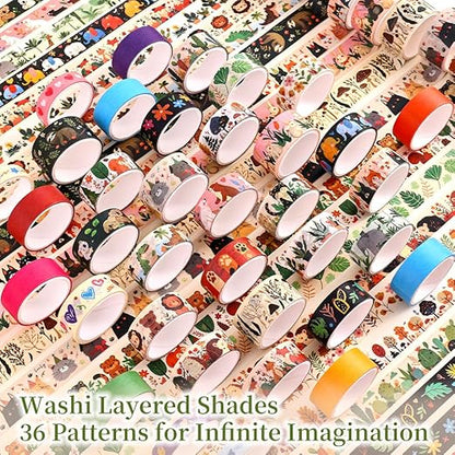 36 Rolls Animal Theme Washi Tape Set, Colorful Cute Adorable Animals Writable Decorative Tapes for Scrapbooking, Bible Journaling, Bullet Journaling, 0.6"x79" per Roll