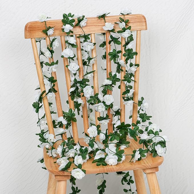 KHOYIME 9 Pack 72 FT Artificial Flower Garland, Fake White Roses Vines Silk Flowers Faux Plastic Outdoor Hanging Floral Ivy Garland Decoration for Wedding Arch Bedroom Home Wall Backdrop Room Decor