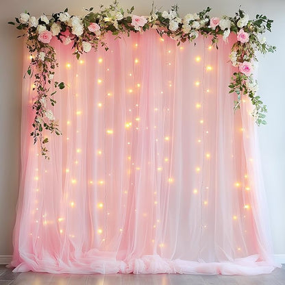 Tulle Backdrop Curtain with Lights String 10FT X 8FT Pink Sheer Tulle Backdrop Curtains for Wedding Birthday Party Reception Photo Booth Background Decorations (2 Panels 5x8FT)