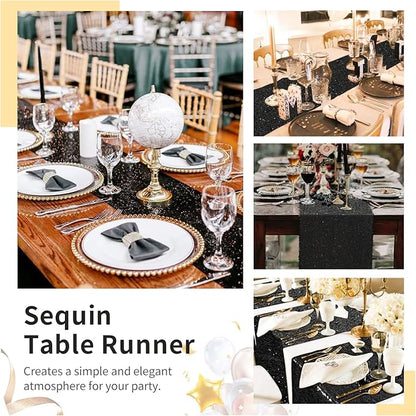 Sequin Table Runners 2 Pieces Black Table Runners 12x72Inch Glitter Dining Table Cover for Party Wedding Birthday Reception Banquet Decoration Halloween Party Chair Sashes