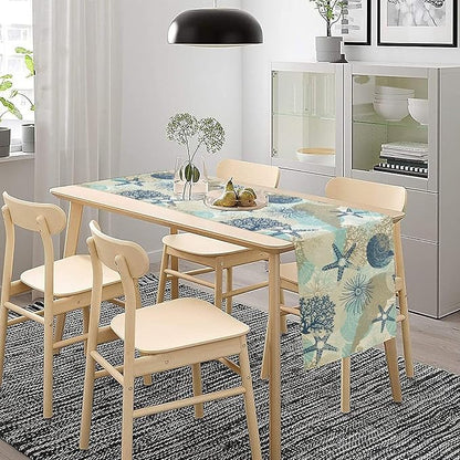 Nautical Coastal Table Runner，Ocean Themed Starfish Coral Conch Beach Kitchen Dinning Table Decoration for Indoor Outdoor Home Party Decor 13x36 Inch