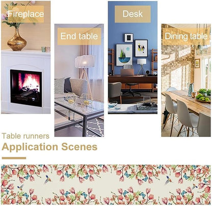 Flowers Table Runner,Floral Bird Butterfly Spring Table Cloth Kitchen Dining Table Home Party Decoration 13x108 Inch