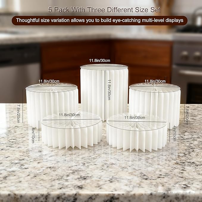 5 Pcs Buffet Risers Food Display Risers for Party Buffet Table, Dessert Table Display Set Cake and Cupcake Stand Combo, Riser Display Stand for Dessert Food Jewelry, White, 4"/8"/12" H