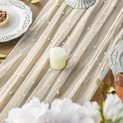 Artoid Mode Pearl Beige Gauze Table Runner 59x120 Inch , Seasonal Sheer Kitchen Dining Holiday Wedding Birthday Baby Shower Table Decor for Home Party