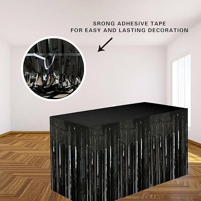 Black Streamers Party Decorations, 2 Packs Black Table Skirts Metallic Foil Fringe Tinsel for Graduation Birthday Wednesday Twilight Wizard Float Parade Halloween Party Supplies - 29x108 Inch