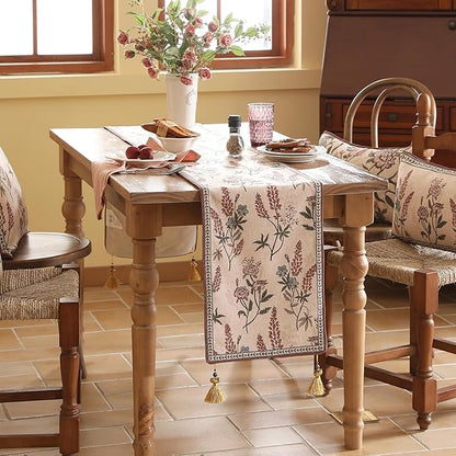 ISAENNE Designer Light Beige Linen Table Runner 87 Inches Long,Vintage Floral Wrinkle Resistant Decor Table Runners for Dining Tables,Christmas,Thanksgiving,Kitchen Tables,12"*87"-Helena A