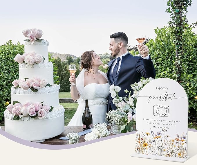 Wedding Signs for Ceremony and Reception, Boho Floral Acrylic Photo Guestbook Sign, Wedding Signage with Stand, Bridal Shower Table Centerpieces, Supplies for Engagement Reception Event Party, 27