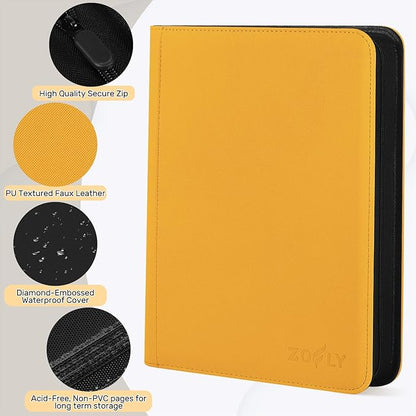 9 Pocket Card Binder, 540 Premium Zip Trading Card Binder, Double-sided Side Loading Card Collection Binder Album, Durable Leather Cover, Ringless Card Folder for Gifts, MTG, TCG, Sport Cards, Yellow