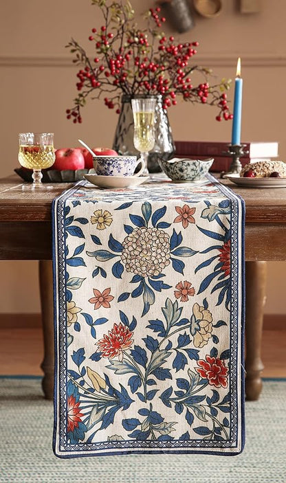 patdrea Designer Blue Cottage Rustic Floral Patterned Linen Table Runner 87 Inch Long,Wrinkle Resistant Table Mat,Decoration for Kitchen Dining and Coffee Tables Banquet Christmas , 12"x87"