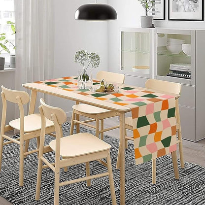 Hippie Table Runner, Vintage Geometric Square Orange Green Pink Grid 60s 70s Style Kitchen Dining Room Decor for Indoor Outdoor Wedding Party Table Runner 13x108 Inch