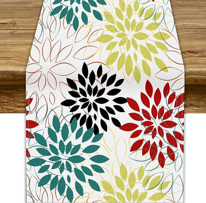 Abstract Red Dahlia Vintage Table Runner, Geometric Lines Mid Century Vintage Modern Colorful Table Runner for Party Kitchen Dining Living Room Laundry Room Decor, 13x60 Inch