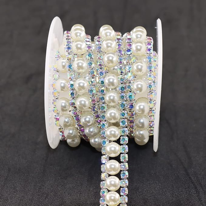 Jerler Rhinestone Trim Applique 1 Yard 2 Rows Crystal Chain Banding Diamond Inlaid White Pearl Beaded Rhinestones for Crafts Clothing and Bridal Embellishments Wedding Ideas Christmas Decorations
