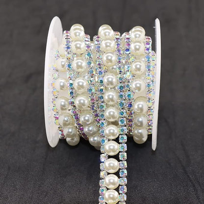 Jerler Rhinestone Trim Applique 1 Yard 2 Rows Crystal Chain Banding Diamond Inlaid White Pearl Beaded Rhinestones for Crafts Clothing and Bridal Embellishments Wedding Ideas Christmas Decorations