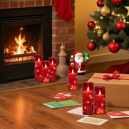 Raycare Flameless Candle with Remote Timer – 5 Flickering Acrylic Battery Operated LED Pillar Candles with Embedded Star String for Halloween, Home Decor, and as a Gift(Red)