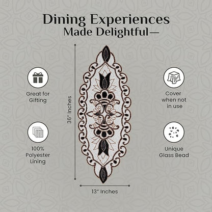 36" Decorative Beaded Table Runner - Handcrafted Floral Design with Durable Polyester Backing for Dining, Coffee Table & Special Occasions (Black White Brown) - CLEENTABLE
