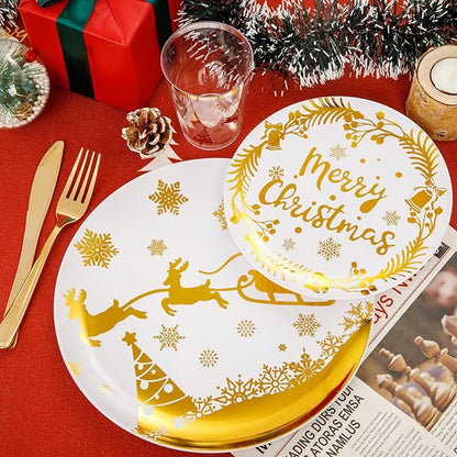 Supernal 150pcs Christmas Plates, Christmas Plastic Dinnerware include Gold Plastic Plates,Gold Plastic Silverware,Gold Plastic Cups, Christmas Party Plates for 25 Guests