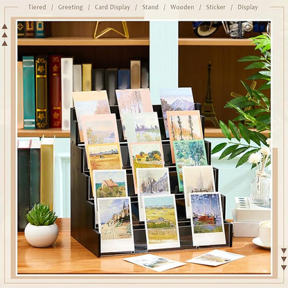 5 Tier Greeting Card Display Stand Black Bamboo and Acrylic Sticker Display Stand Trading Card Holder Retail Photos Shelf for Vendors Craft Collection & Show