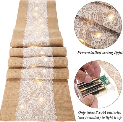 Xinnun 6 Pack Burlap Table Runner with LED String Lights, Modern Rustic Lace Natural Vintage Boho Jute Wedding Table Decor for Farmhouse Thanksgiving Christmas(Modern Neutral,12x70 Inches)