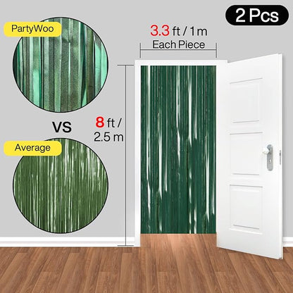 PartyWoo Green Streamers Backdrop 2pcs Green Tinsel Foil Fringe Streamer Curtains 8.2 FT Curtains Photo Backdrop for Graduation Birthday Dinosaur Jungle Golf Football Theme Party Decorations