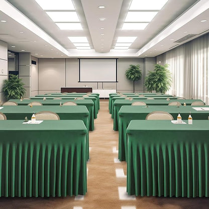 Wish Care 6 Pack Hunter Green Stretch Spandex Table Clothes for 8 Foot Rectangle Tables, 8FT Wrinkle Free Fitted Tablecloths Ruffles Design Table Cover for Party, Banquet, Wedding and Events