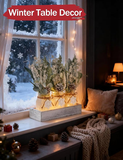 Winter Centerpieces for Tables, Table Decor with Mason Jar, Flowers Picks, Farmhouse Wood Tray, Snowflake Sign, Christmas Winter White Wonderland Table Decorations Centerpieces Indoor for Home