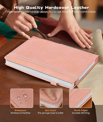Lined Journal Notebook for Women Men, 256 Numbered Pages Hardcover Leather Journals for Writing, A5 Journaling Notebooks, College Ruled Journal for Business Work School 5.75" x 8.38" Pink leather