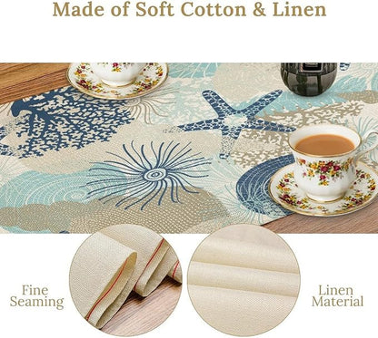 Nautical Coastal Table Runner，Ocean Themed Starfish Coral Conch Beach Kitchen Dinning Table Decoration for Indoor Outdoor Home Party Decor 13x108 Inch