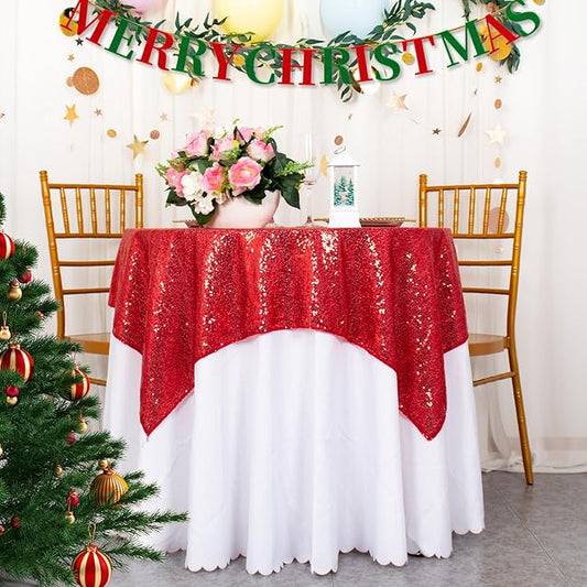 ShinyBeauty Sequin Tablecloth Square 54x54-Inch Red Table Cloths for Round Table Red Sequins Fabric Overlay Glitter TableCloths Linen for Party Small Cover for Wedding Reception