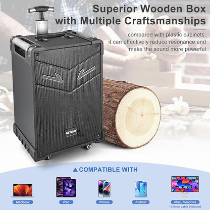 GTSK10-3 3-Way Portable Bluetooth PA Speaker with Wireless Microphones, 10" Subwoofer, Party Speaker with DJ Lights, USB/FM/TWS/Guitar Input, Rechargeable for Outdoor Events