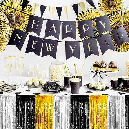 3 Pack 29 x108 Inch Black Gold Silver Foil Fringe Table Skirts Metallic Banner for Tinsel Streamer Garland Backdrop for Parade Floats Mother's Day, Graduate, Birthday, Wedding Party Decoration