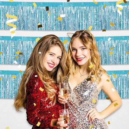 4 Pack 10 Feet Light Blue Foil Fringe Garland Metallic Tinsel Streamers Banner Wall Hanging Curtain Backdrop for Parade Floats, Wedding, Graduate, Mother's Day, Birthday Party Decoration