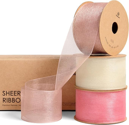 Vitalizart Organza Ribbon 1.5" x 30 Yd Pink Rose Gold & Cream White Sheer Ribbons for Gift Wrapping Crafts Christmas Wreaths Bows Party Decor Wedding Bouquet