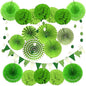 ZERODECO Party Decoration, 21 Pcs Green Hanging Paper Fans, Pom Poms Flowers, Garlands String Polka Dot and Triangle Bunting Flags for Golf Party Dinosaur Birthday Parties Arbor Day