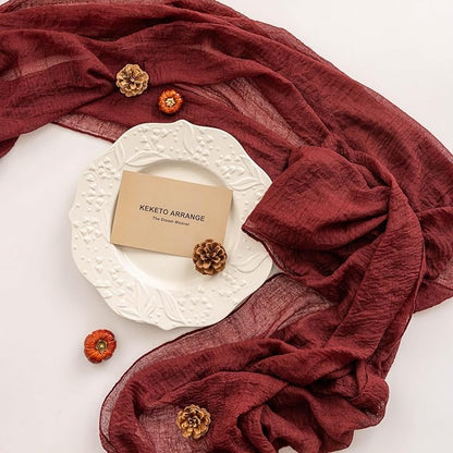 3pcs Burgundy Cheesecloth Table Runner Gauze 120 Inch 10 FT Rustic Boho Cheese Cloth Runner for Wedding Baby Shower Bridal Shower Engagement Birthday Party Long Sheer Home Decorations