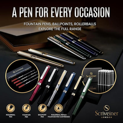 Scriveiner Black Green Fountain Pen - Stunning Luxury Pen with Chrome Finish, Schmidt Nib (Fine), Best Pen Gift Set for Men & Women, Professional, Executive, Office, Nice Pens