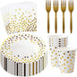 160 Pcs White and Gold Paper Plates, Forks and Cups Party Supplies, Disposable Paper Dessert Cake Plates Tableware Supplies for Birthdays, Graduations, Weddings, Holidays (40 Guests)