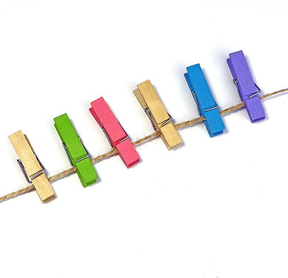 Mini Natural Wooden Clothespins with Jute Twine, 100pcs, 1.4 Inch Photo Paper Peg Pin Craft Clips with 320ft Natural Twine for Scrapbooking, Arts & Crafts, Hanging Photos (Assorted Colors)