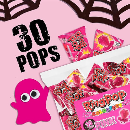 Ring Pop Individually Wrapped Pink Halloween Candy, Strawberry 30 Ct Lollipop Bulk, Lollipop Suckers for Kids, Fun Candy Bulk for Gender Reveal, Trick or Treat, Halloween Bowls, Gifts, Party Favors