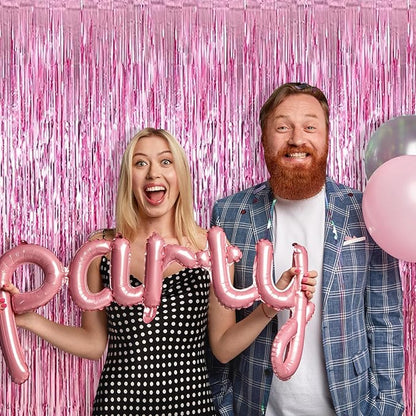 5 Pack Pink Foil Curtain Backdrop 3.2ft x 9.8ft Metallic Tinsel Foil Fringe Curtains Streamer Photo Booth Backdrop for Birthday Party Engagement Bachelorette Party Decorations (Pink)