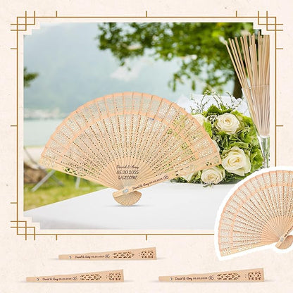 100pcs Personalized Wedding Fans for Guests - Custom Wooden Hand Fans with Names/Dates - Bulk Wedding Favors for Bridal Shower, Baby Shower & Parties (Wood, 100pcs)