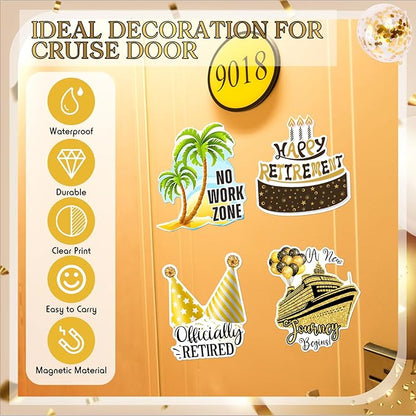 Hoteam 4 Pcs Retirement Cruise Door Decorations Magnetic Large Happy Retirement Cruise Ship Door Magnets Funny Waterproof Nautical Magnets for Carnival Cabin Stateroom Fridge Car