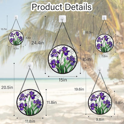 Stained Glass Window Hanging - Purple Iris Flower Sun Catcher for Door Terrace Garden Home Decor, Green Plants Suncatcher Birthday Gifts for Lovers Women Men Dad Mom Nana 11.8 in