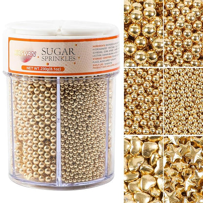 Kasvan Gold Pearl Sugar Sprinkles, 6 Sizes Mix for Cake Decorating, 230g/8.1oz, Ice Cream Toppings and Cookie Decorating, Wedding Party Chirstmas Supplies (Gold)