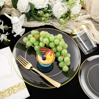 Supernal 350PCS Clear and Gold Plastic Dinnerware Set Include Clear Disposable Plates, Gold Plastic Silverware Heavy Duty, Cups and Napkins for Birthday, Weddings, Parties