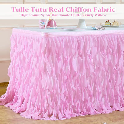 PARTISKY Pink Tulle Curly Willow Table Skirt for Rectangle Table 14ft, Ruffle Tutu Table Cloth for Girls Baby Shower,Birthday Party Candy Cake Tables