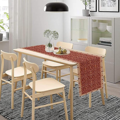 Boho Floral Vintage Table Runner, Red Retro Flower Rustic Country Farmhouse Abstract Pattern for Home Kitchen Table Decor Dining Coffee Room Party Decor 13x108in