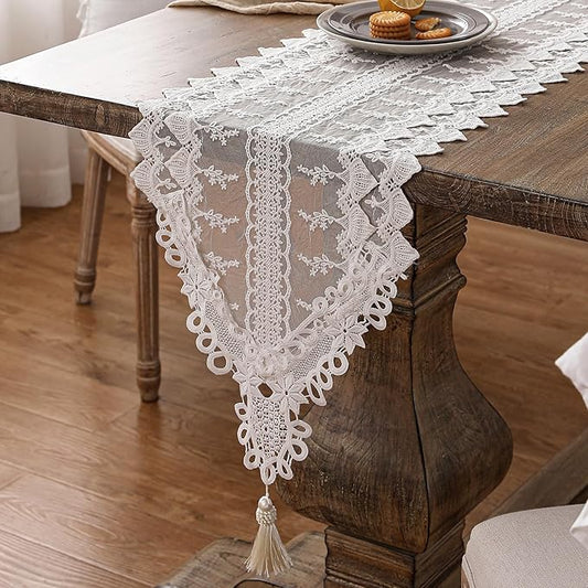 patdrea Designer Vintage White Lace Table Runner,Crochet Decorative Table Covers,Chiffon Embroidered Tasseled Table Runners, Cutwork Dresser Runners,Christmas Wedding Party Bridal 16x102 Inches Long