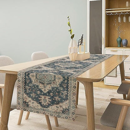 Boho Bohemia Style Table Runner, Vintage Blue Retro Flower Rustic Country Style Floral Print Pattern for Home Kitchen Table Decor Dining Coffee Room Garden Party Decor 13x36in