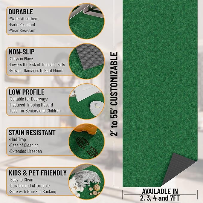 Ottomanson Mud Mat 2' x 3' Entryway Rug - Non-Slip Scraper Doormat for Muddy Paws, Dirt Trapping Indoor/Outdoor Mat for High-Traffic Areas, Kitchen, Garage, Patio, Green
